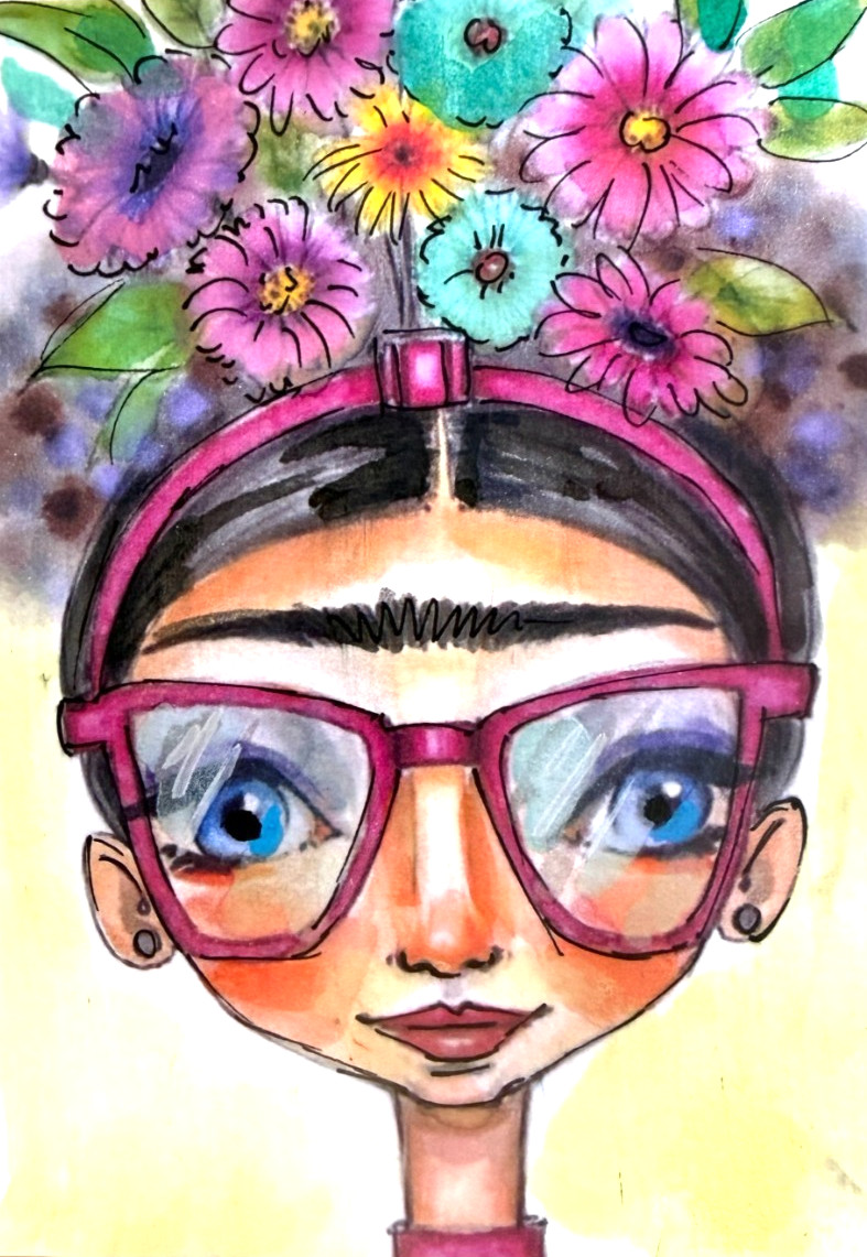 Floral Girl Portrait ACEO Original Watercolor Painting OOAK Art AdriO