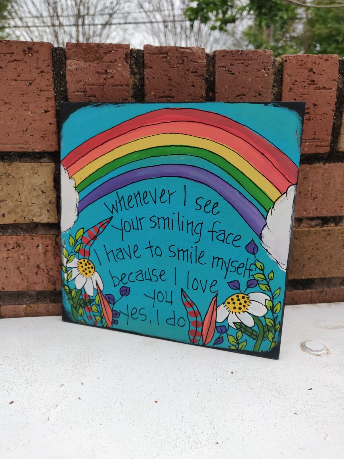 James Taylor Your Smiling Face Lyric Painting on 8 x 8″ wood panel, cute rainbow