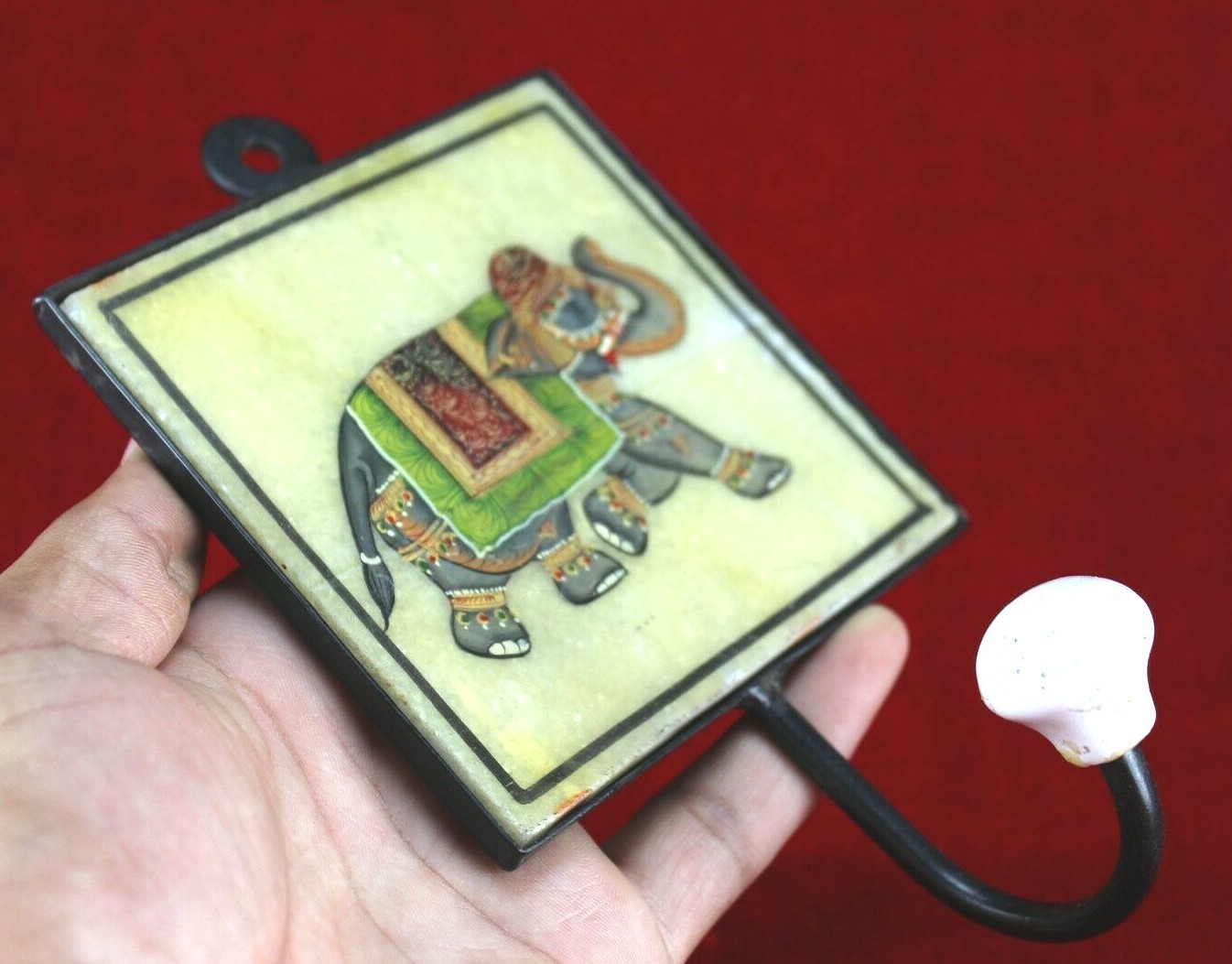 Iron Wall Hook with Hand-Painted Elephant Marble Tile Vintage Indian Home Decor