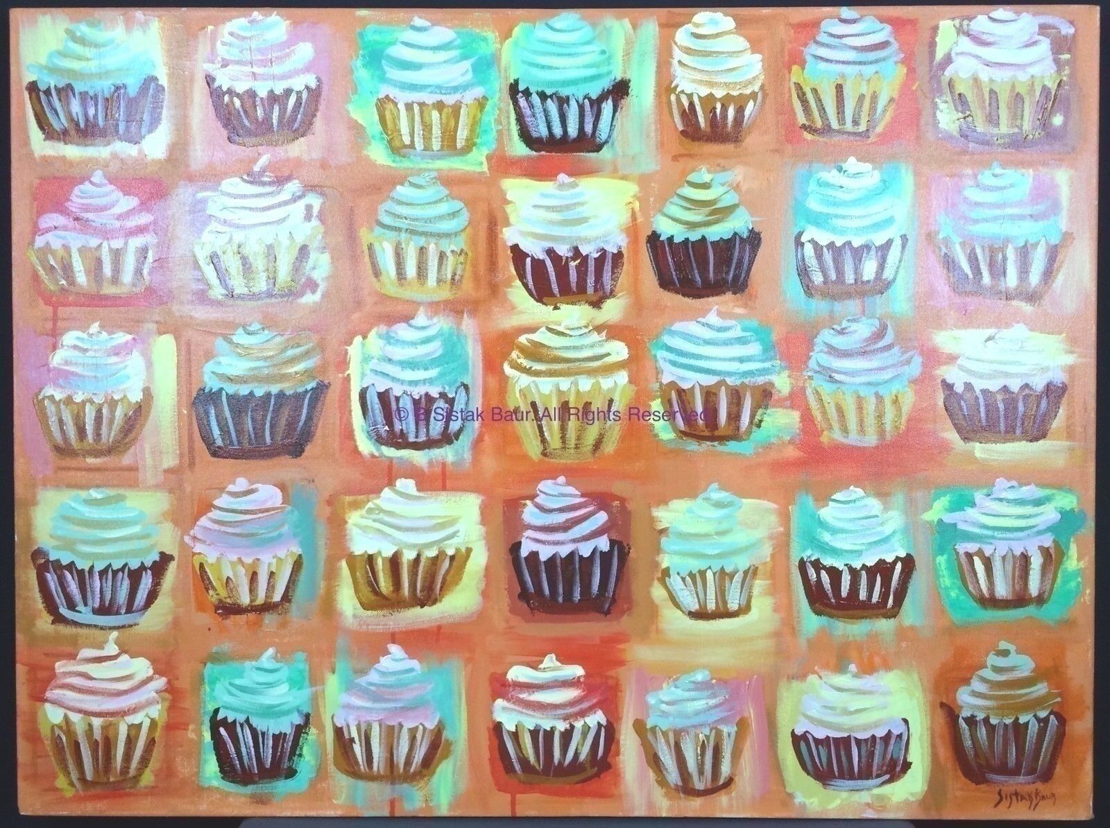 Art Cupcake Painting Lg Wall Original with Drips 30×40 Modern Bakery Orange