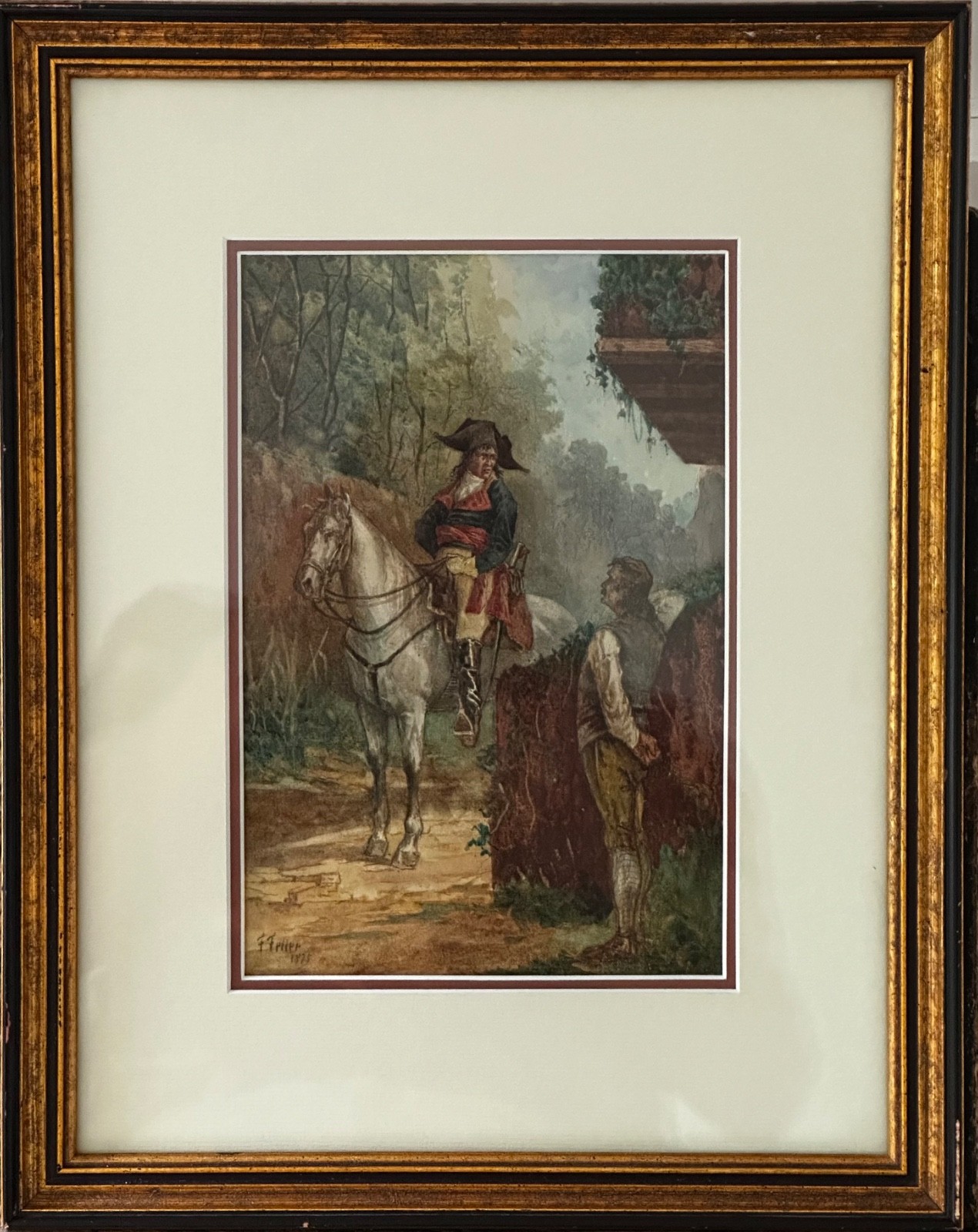 Original Listed Frank Feller 1875 Signed Watercolor Napoleon on White Horse
