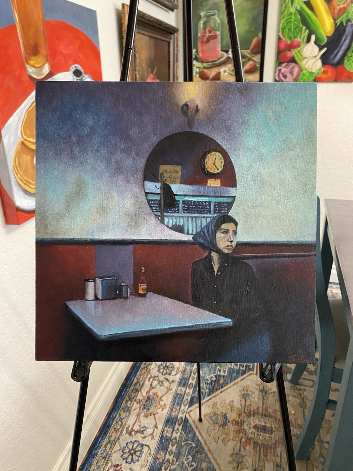 Woman Sitting In Diner Oil Painting 12×12 On Cradled Wood Panel Free Shipping