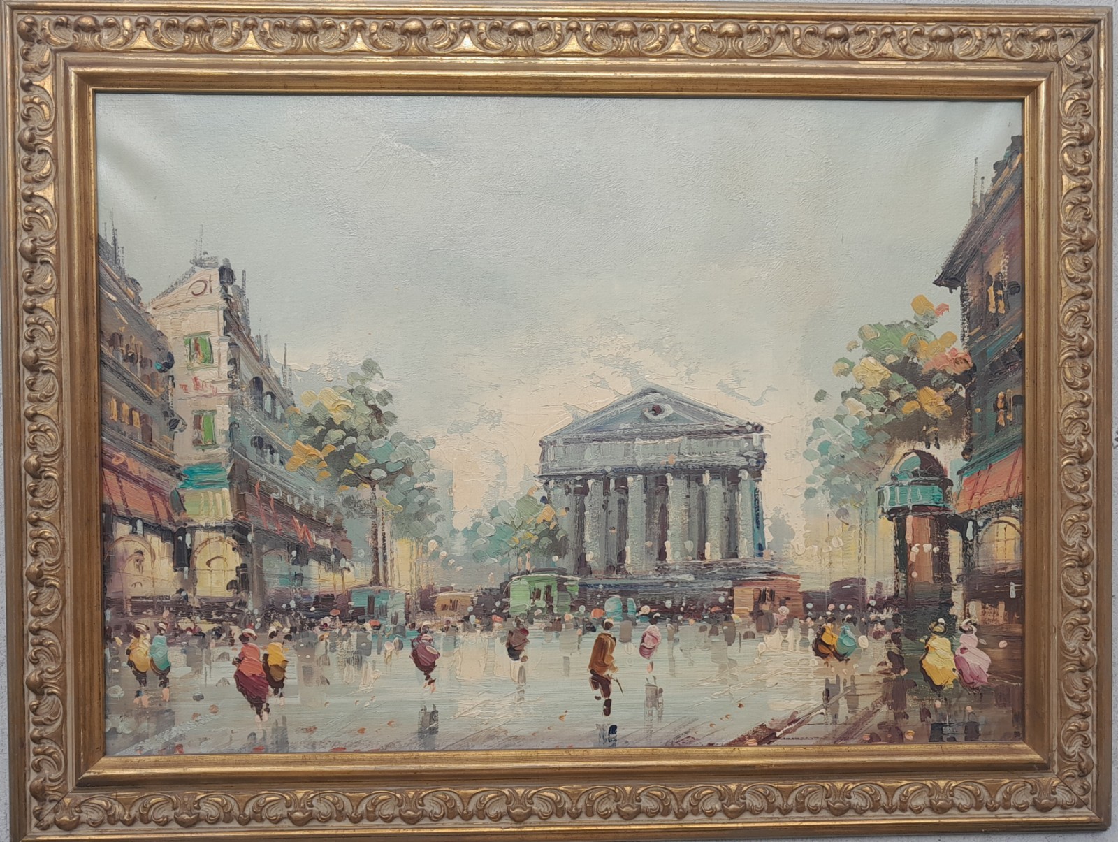 LRG ANTONIO DEVITY OIL/CANVAS FRENCH STREET SCENE STAMPED FRAMED GOOD CONDITION