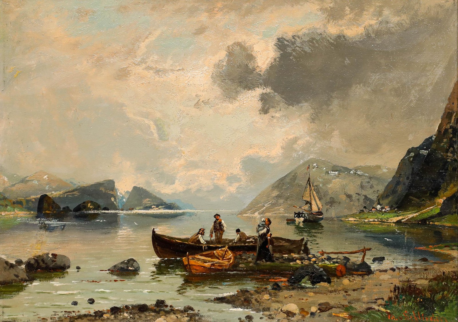 Von Schlieden after G.A. Rasmussen – 19th Century Oil, Fishing on the Fjord