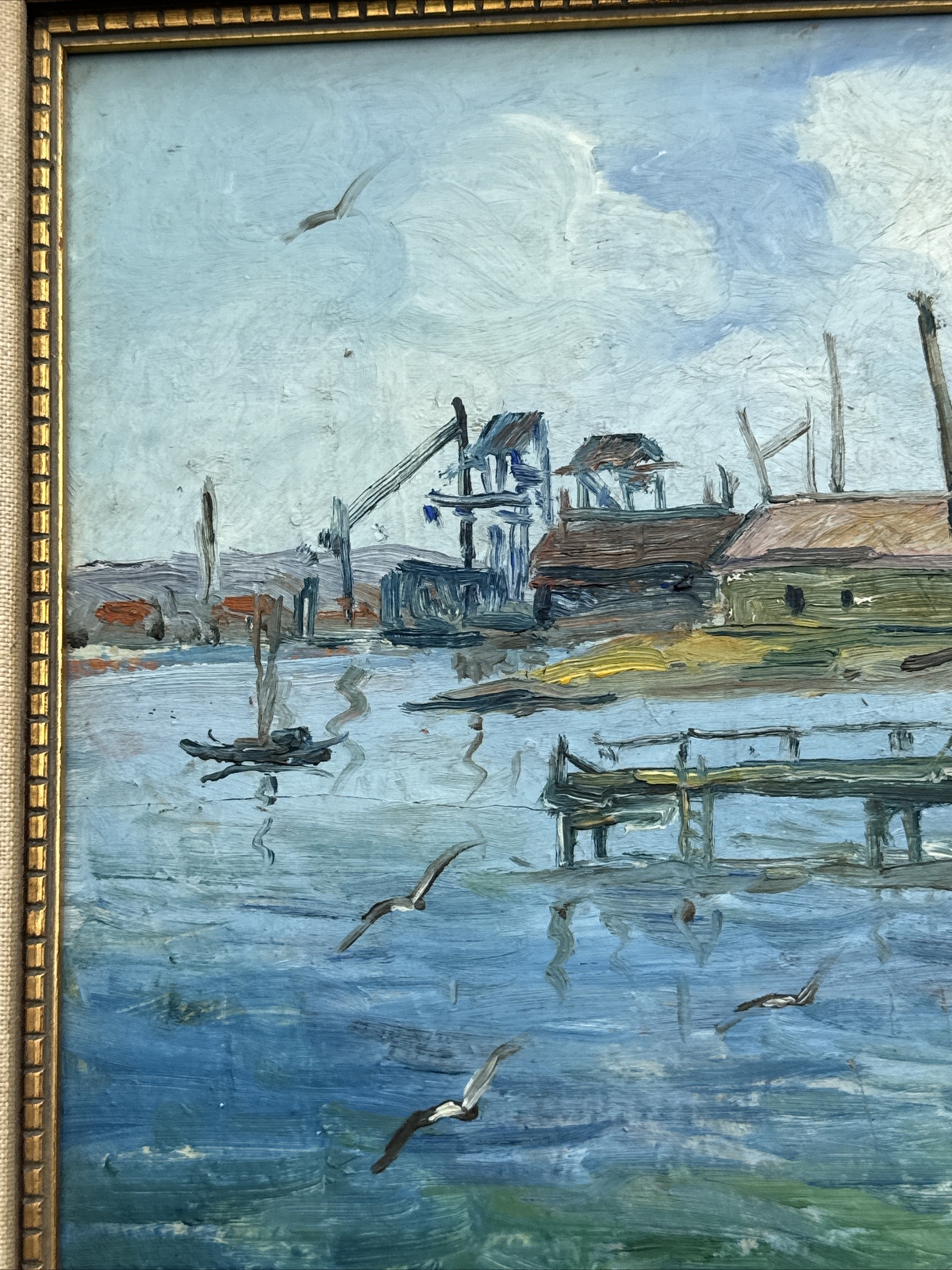 ANTIQUE PAINTING IMPRESSIONISM REGIONALISM MARINA NAUTICAL PORT BOAT DOCK OLD