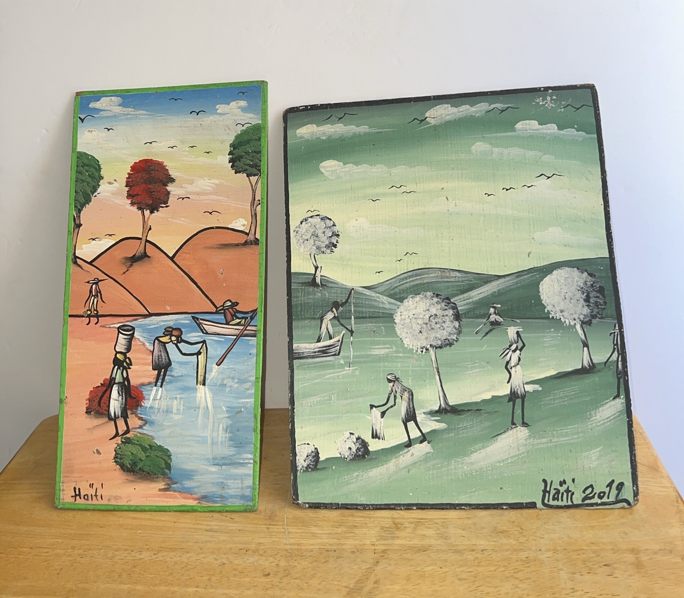 Haitian 2019 Lot Of 2 Hand Painted Folk Art, Waterside Settings & Landscapes