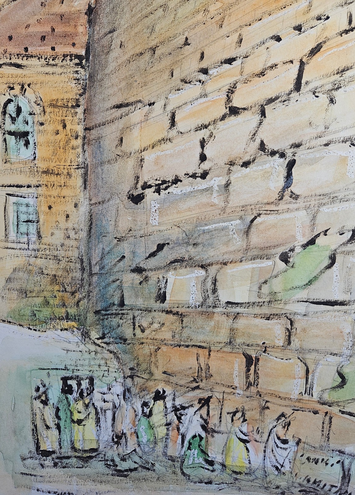 «Rabbis at Wailing Wall Jerusalem» Mixed Media Watercolor Signed by Artist