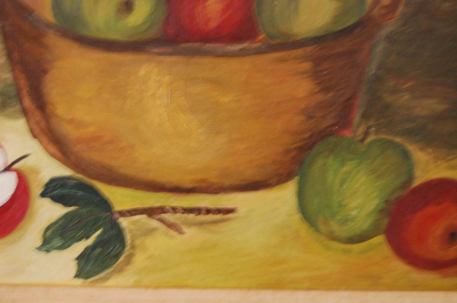 VTG 1950’S MCM FRAMED ORIGINAL PRIMITIVE FOLK ART OIL APPLES & POT A STILL LIFE