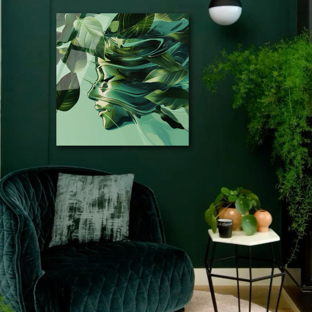 3D Painting Green Face&Leaf Art UV Printed Acrylic Glass Modern Wall Decor