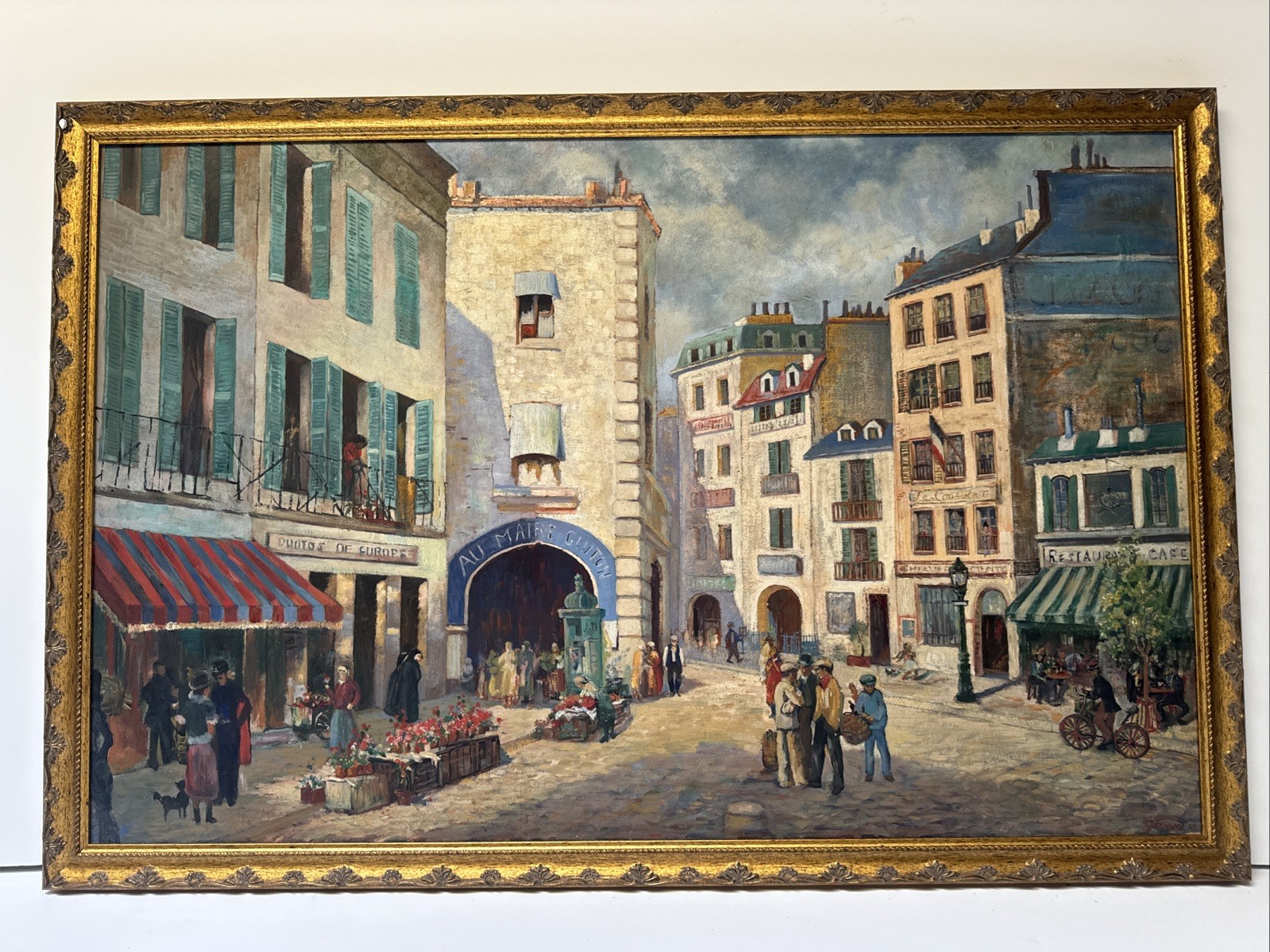 Paris France Painting French Large Oil Street Scene City Life Greenwood Vintage