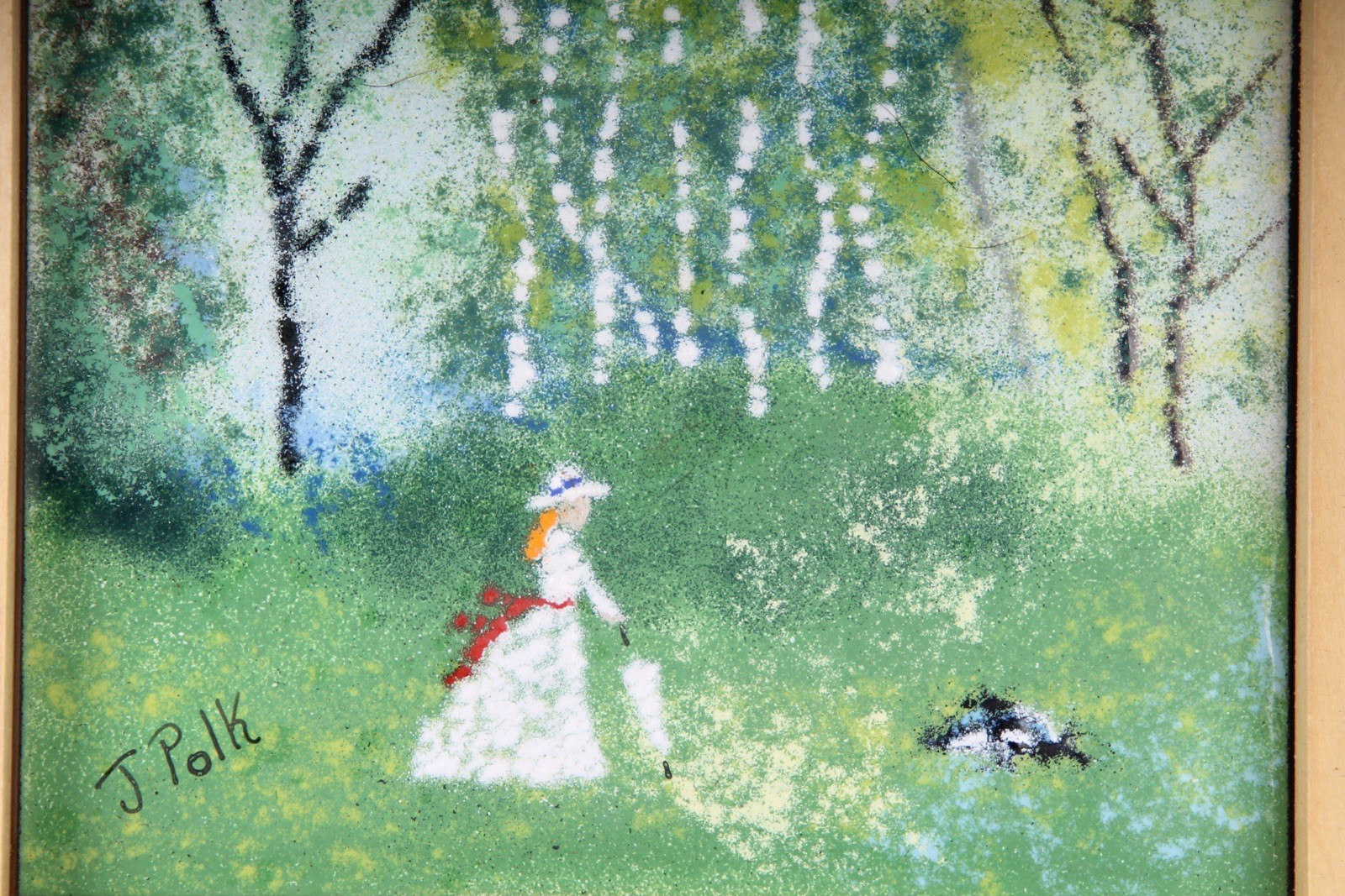 J. POLK – Enamel on Copper Original Frame – IMPRESSIONIST ART WOMAN IN WOODS.