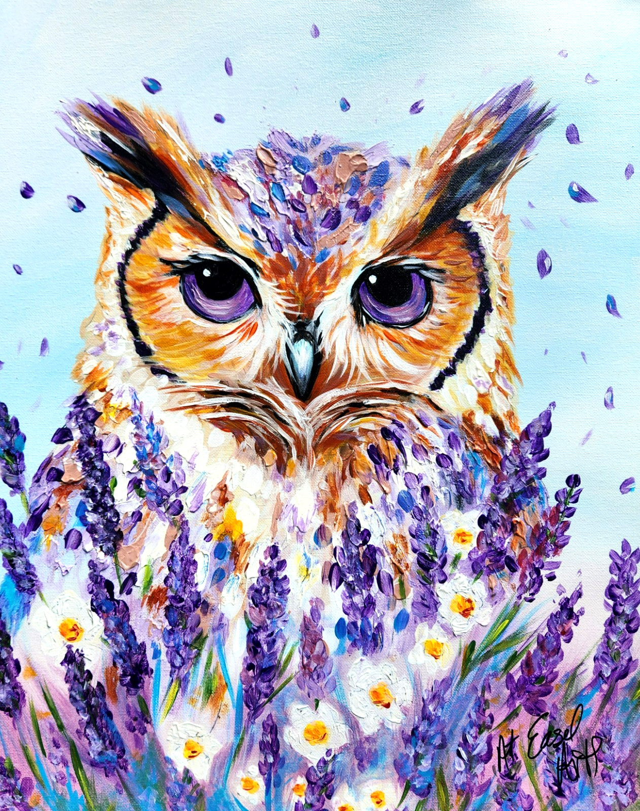 Owl Painting 16×20 Lavender Floral Wall Art Whimsical Wildlife Decor
