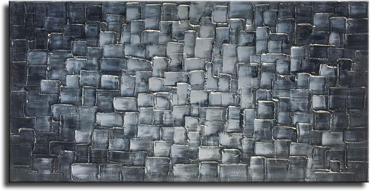 Textured Abstract Squares Canvas Wall Art Hand Painted Modern Silver Oil Pain…