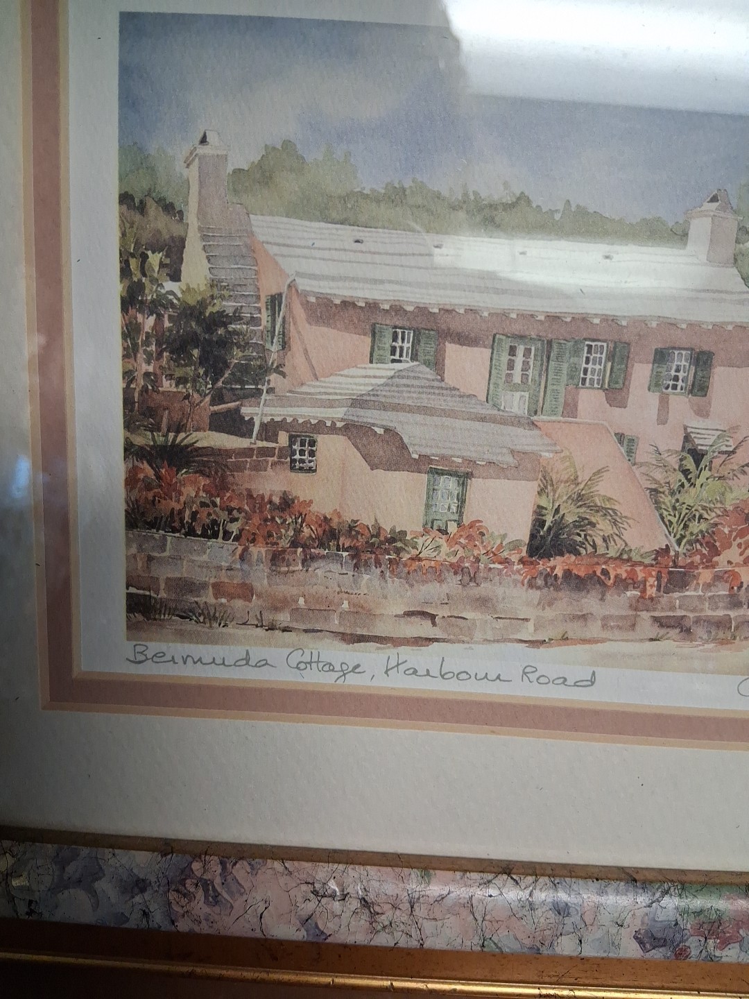 Framed C. Holding Signed BERMUDA COTTAGE HARBOUR ROAD Watercolor Print Art