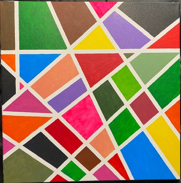 Multitude of colors. Geometric figures. White lines separate colors. 