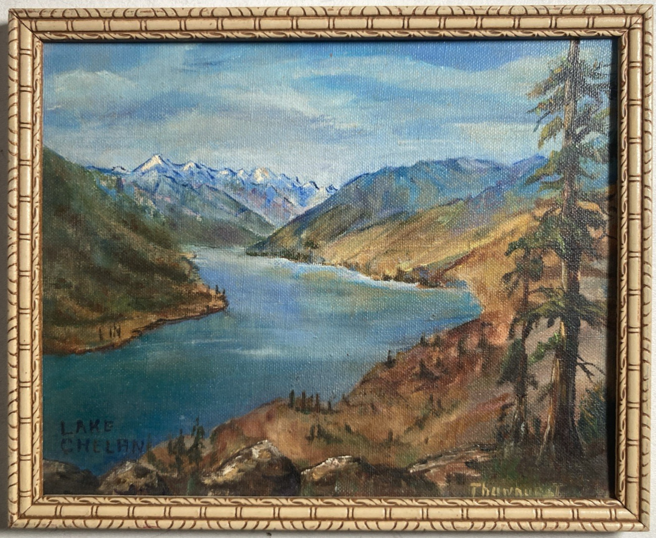 Vintage Original Oil Painting River Mountain Landscape Pressed Wood Frame Signed
