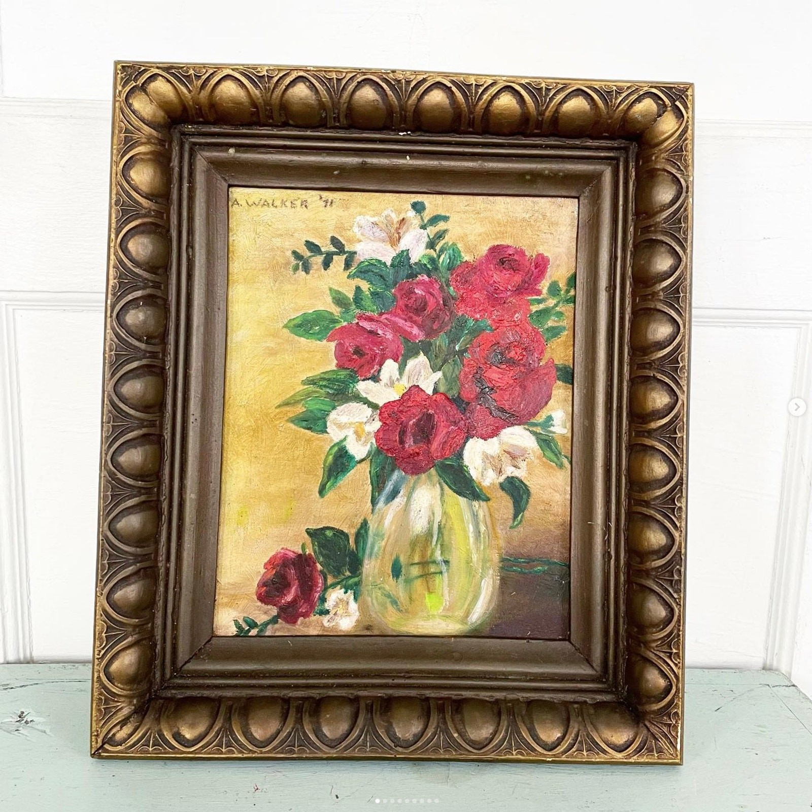 Antique Vintage Flower Painting Red Roses Floral Frame Canvas Board Signed 1971