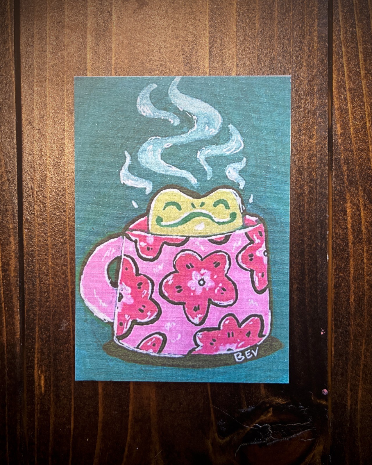 ACEO Original Acrylic Painting PRINT Frog in a Mug Sky Mini Art Card