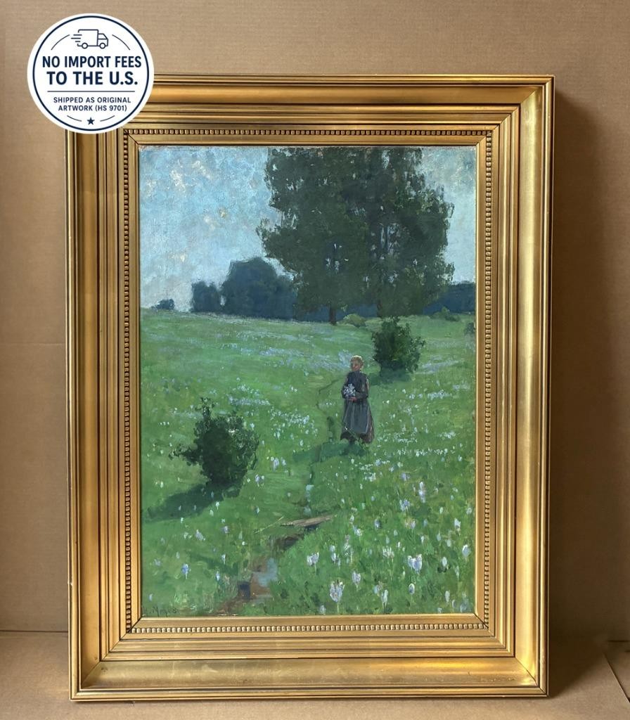 Hanna Mehls (German, 1867) Girl in a Spring Meadow. Impressionist Oil. 1880. COA