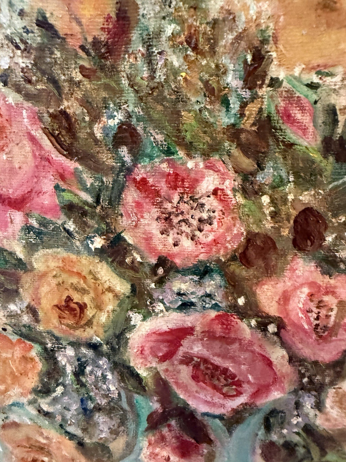 Vintage Floral Oil Painting Roses in Blue Vase Original Impressionist 14×11