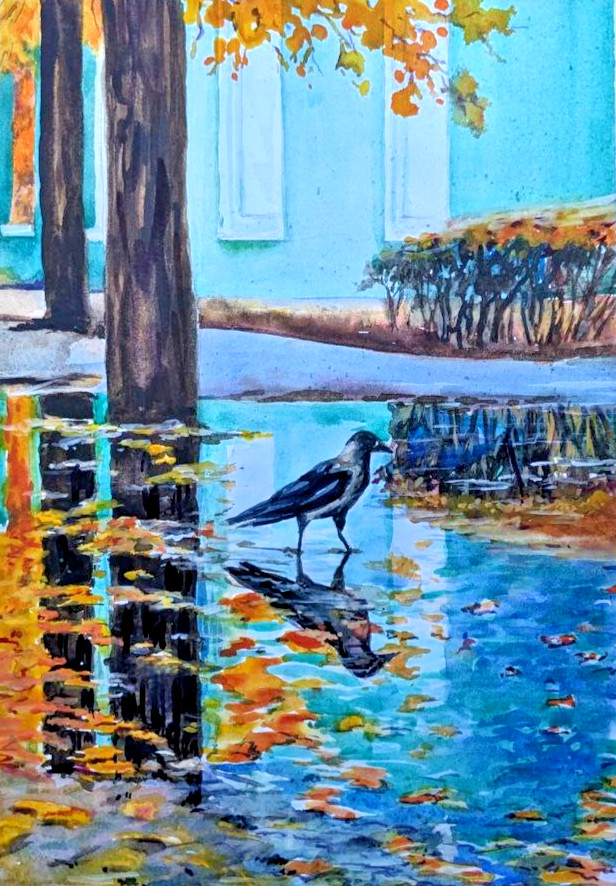 Crow in Autumn Watercolor Painting Trees with Fallen Leaves Lone Bird Raven Art
