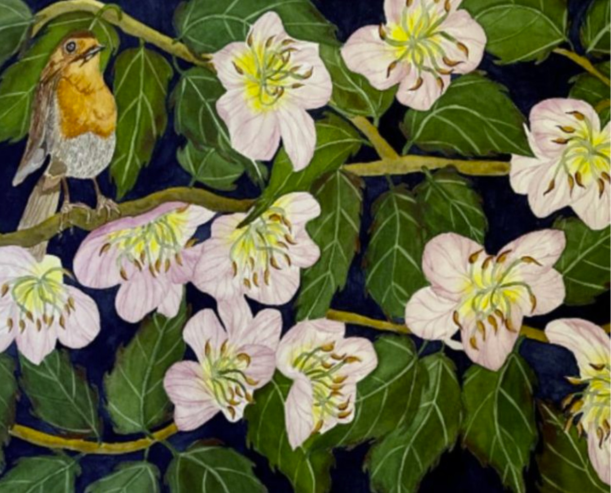 PAINTING WATERCOLOR 11X14 AND WHITE MAT 16X20 FLOWER BIRD APPLE BLOSSOM ROBIN