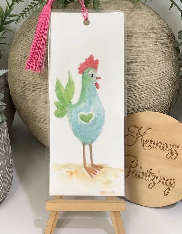 Bookmark laminated Original Handpainted Quirky Chicken 6cm X 16cm & Pink Tassel