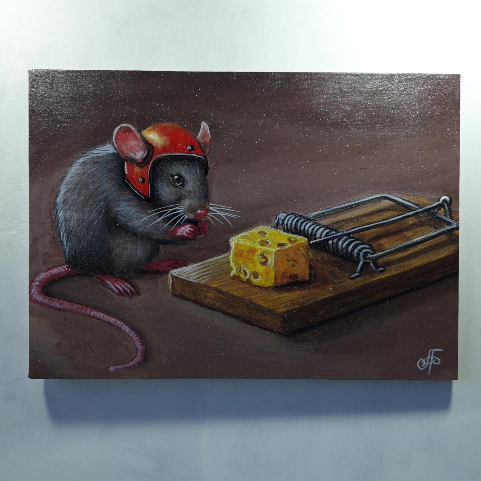 Brave Little Mouse and the Cheese Trap Funny Animal Painting Ukraine Artist