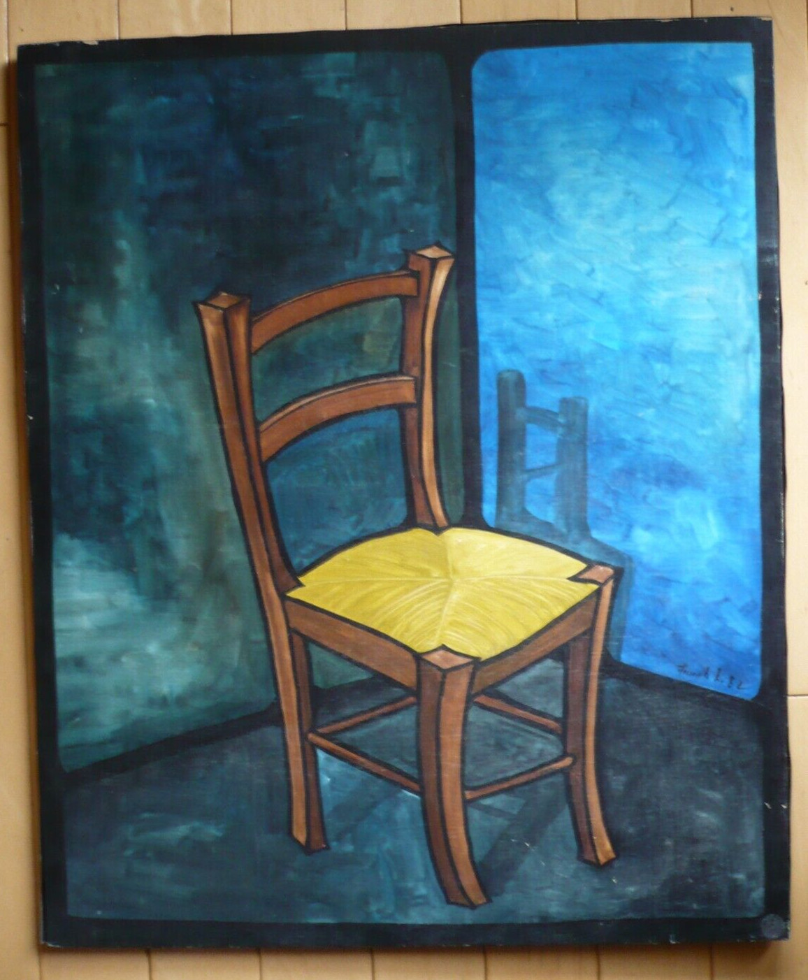 The Yellow Chair STUDY, 1980s 80s OIL PAINTING MODERN MODERNISM BLUE YELLOW