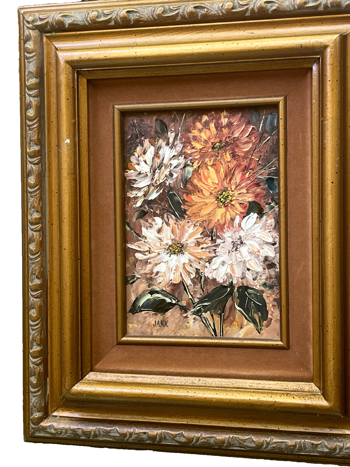 White, Green and Orange Floral Oil Painting by Ruth Jank – 13.5 in x 11.5 in