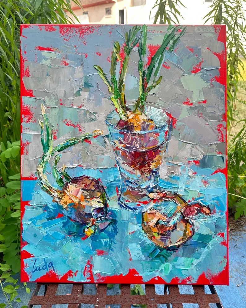 Kitchen Art Still Life of Spring Onions Oil Painting on Canvas Size 20×16 Inches