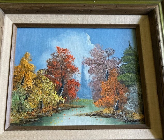 vtg original oil painting on board 8″ x 10″ framed matted landscape signed