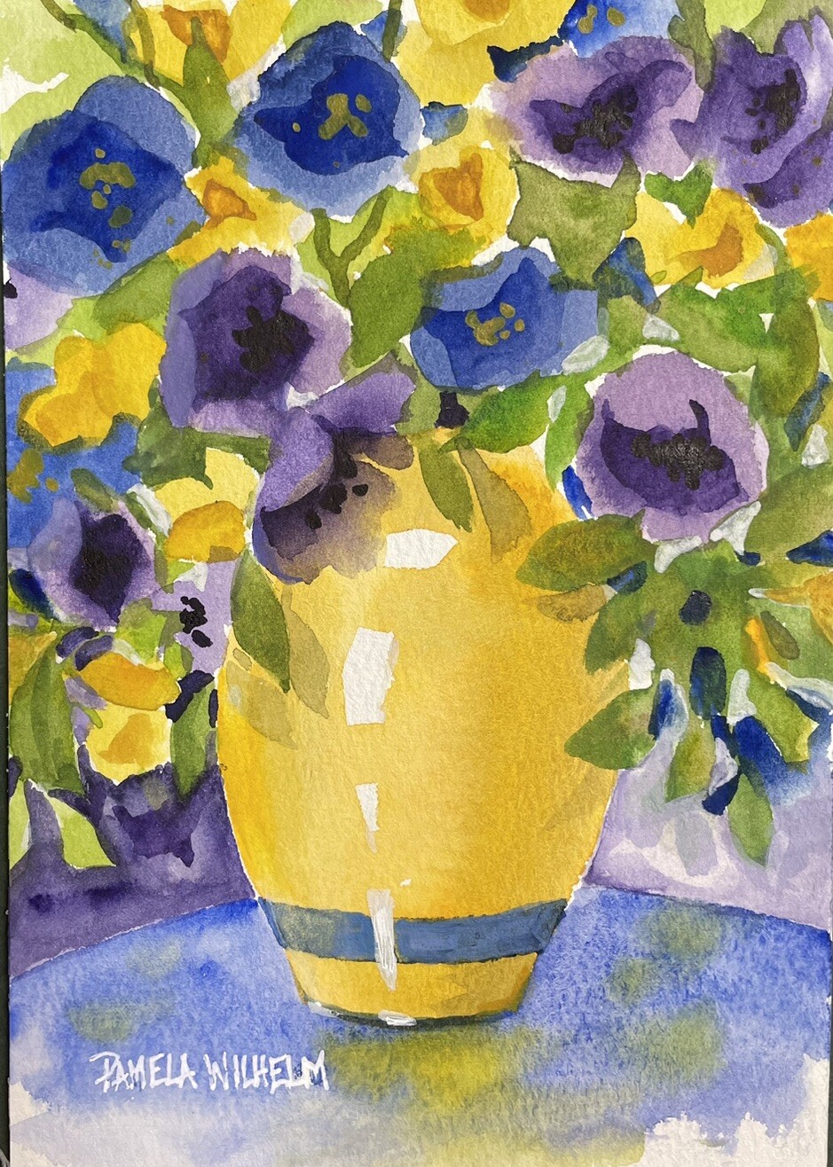 5X 7” Original Watercolor Art Pamela Wilhelm Yellow Vase Filled With Flowers