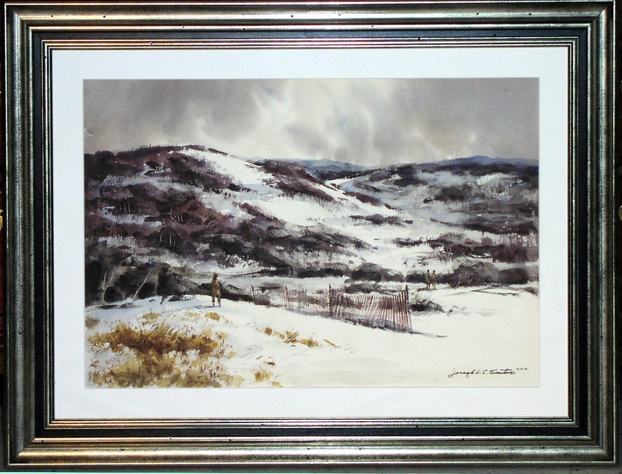 Large Original W/C by Joseph L.C. Santoro N.A. – Hunters in a Wintry Landscape