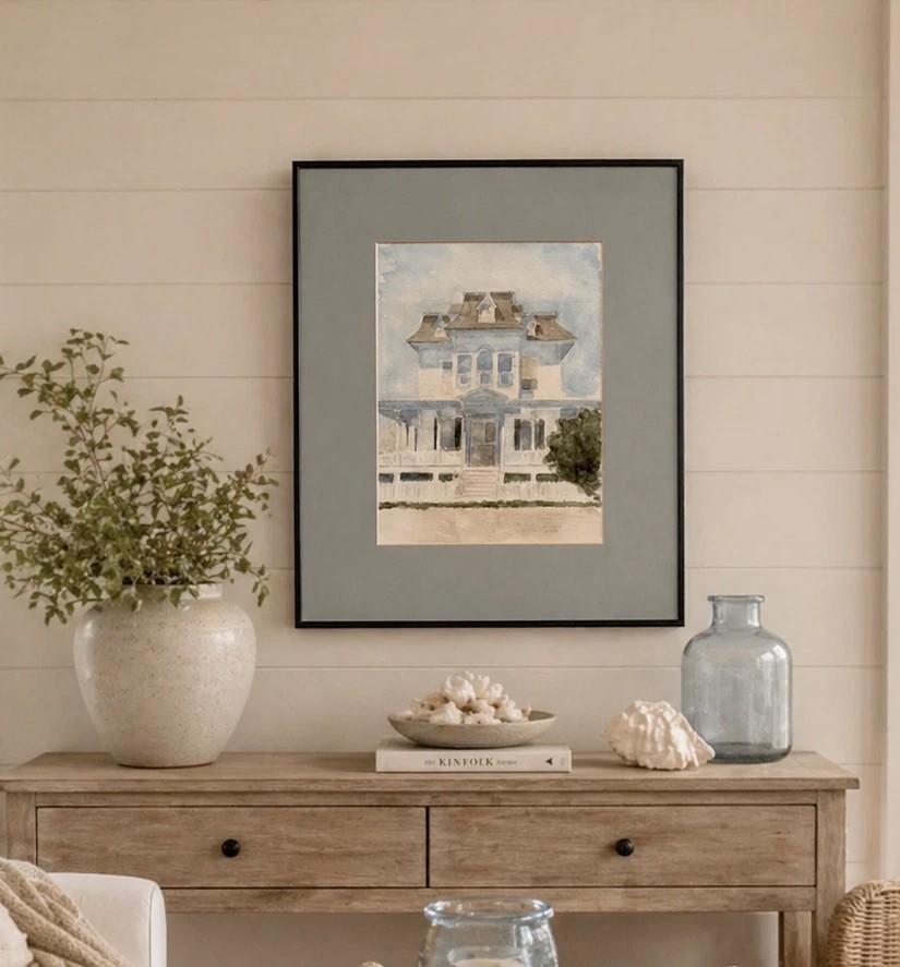 Vintage 1981 Signed Watercolor Victorian House Painting Framed Art, Signed