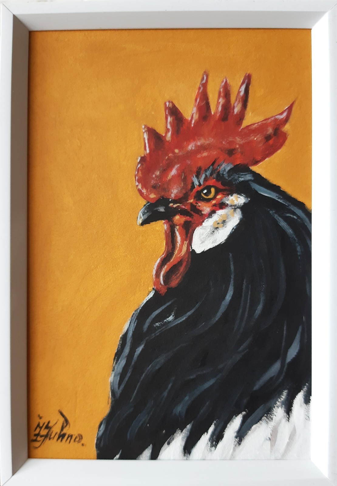 Rooster Original Oil Painting Farm Animal Portrait Framed 6 x 4 in Chicken Art
