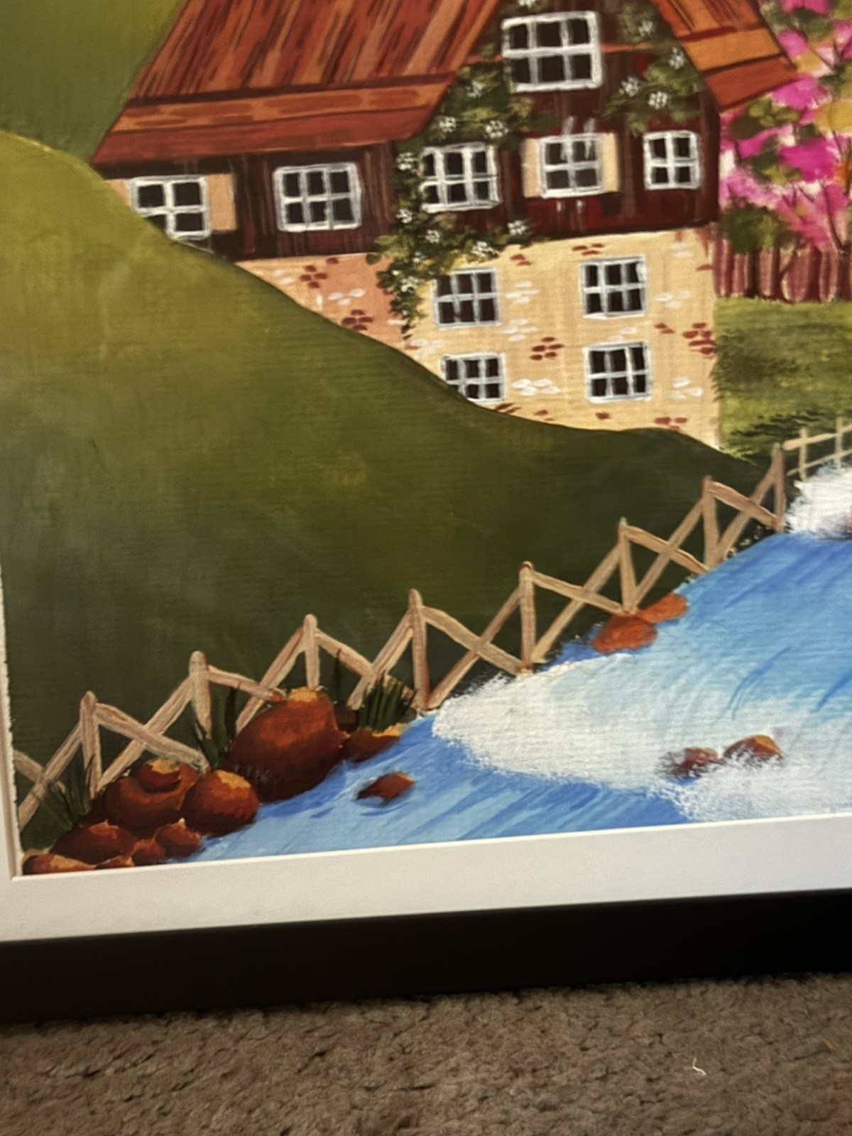 Hand Painted Mountain Village River Cottage Landscape Framed Art | Ships Free