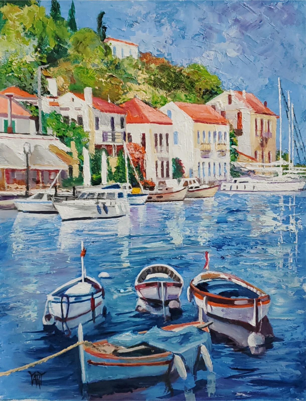 YARY DLUHOS Italy Mediterranean Amalfi Port Sea Boats Original Art Oil Painting