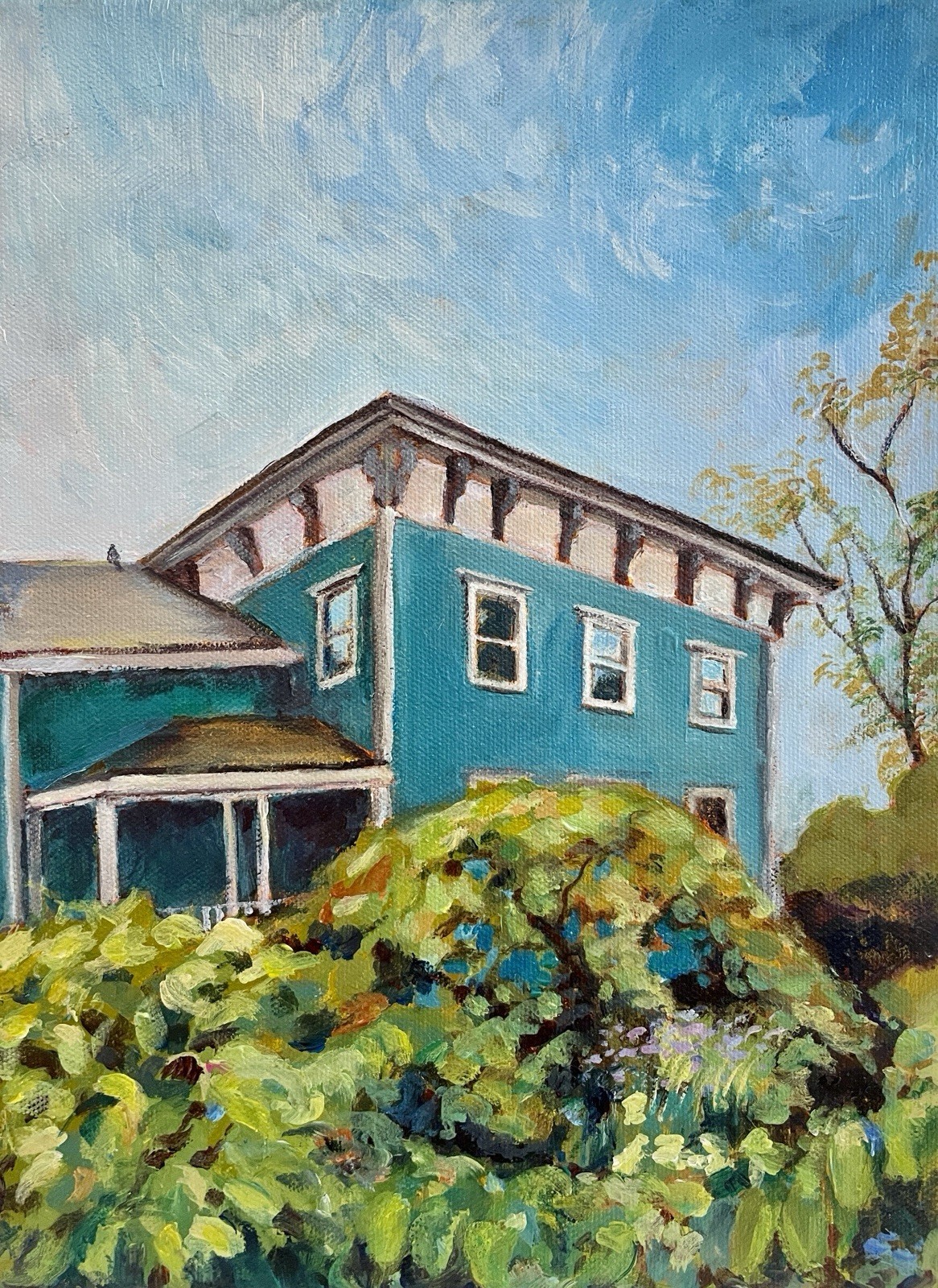 Vermont House Painting Original Teal Victorian Home Wall Art 9×12