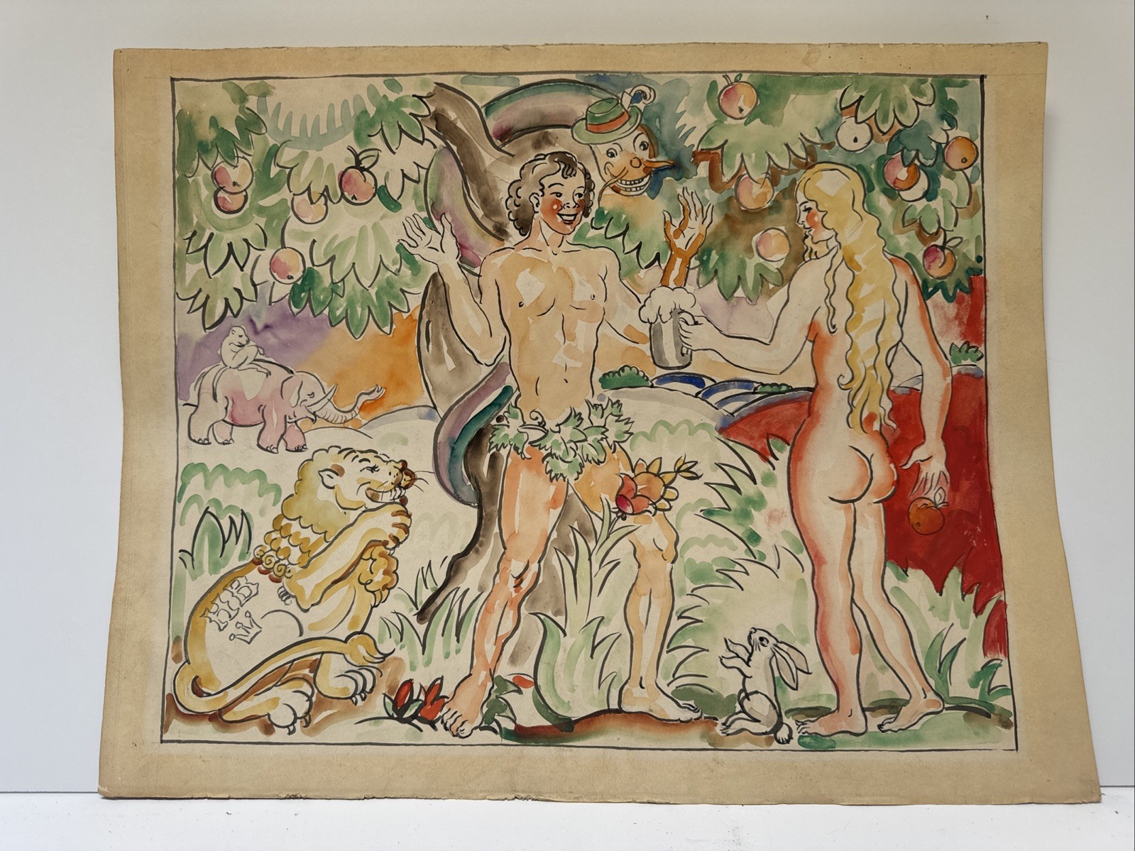 ANTIQUE PAINTING ADAM EVE BEER GARDEN ILLUSTRATION 1930’S SIGNED MYSTERY SIGNED