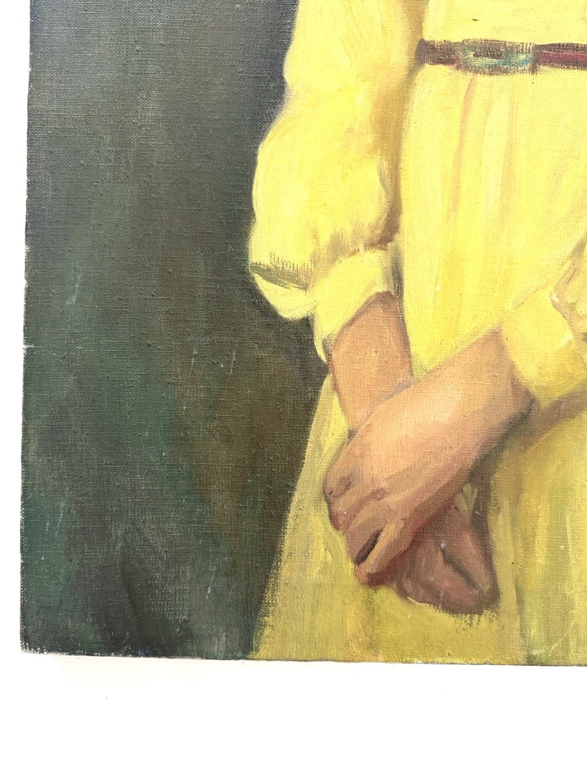 Vintage Large Portrait Painting of Woman Girl in Hat and Yellow Dress 35×22