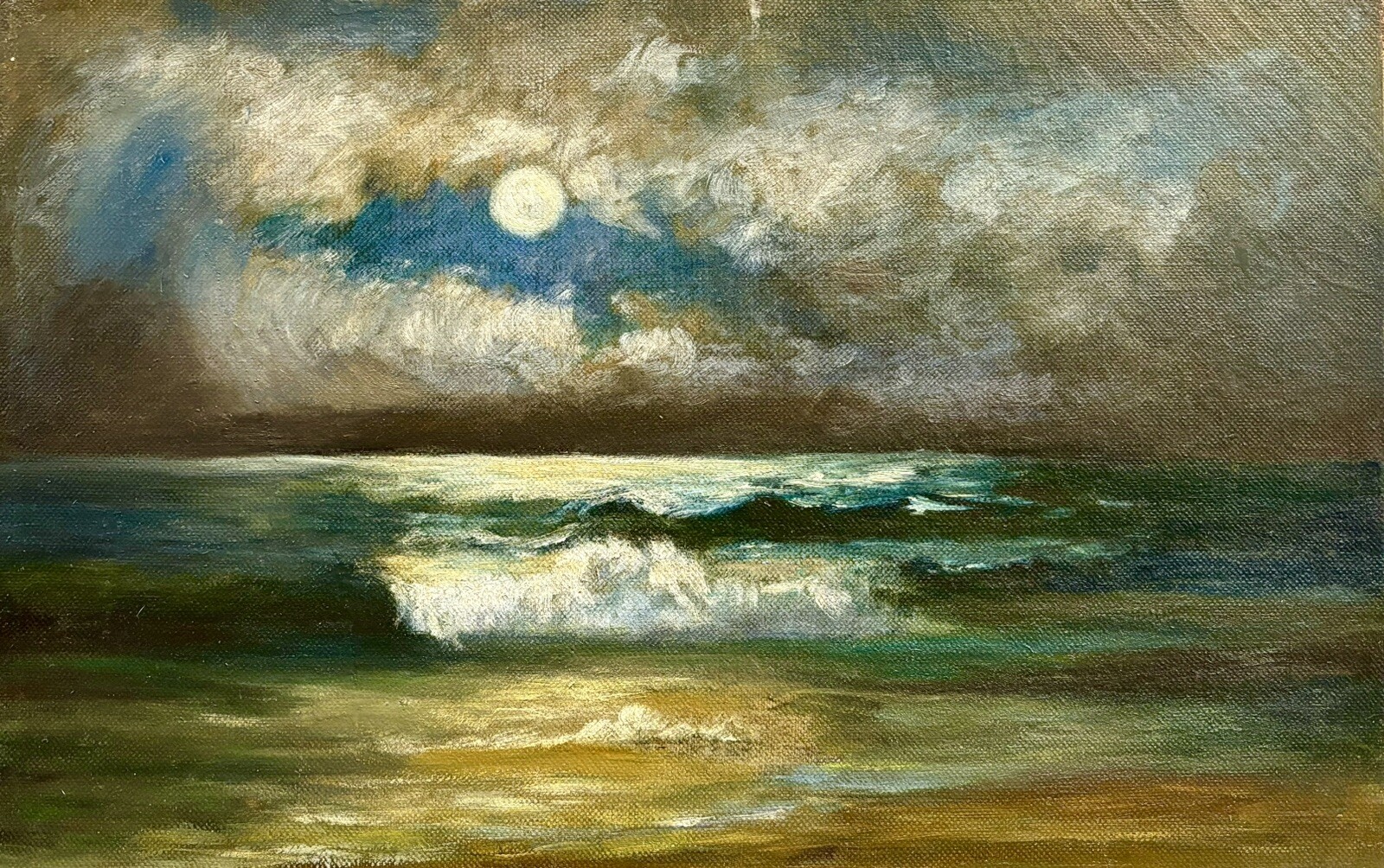 American School Antique Oil Painting – Moonlit Seascape Nocturne