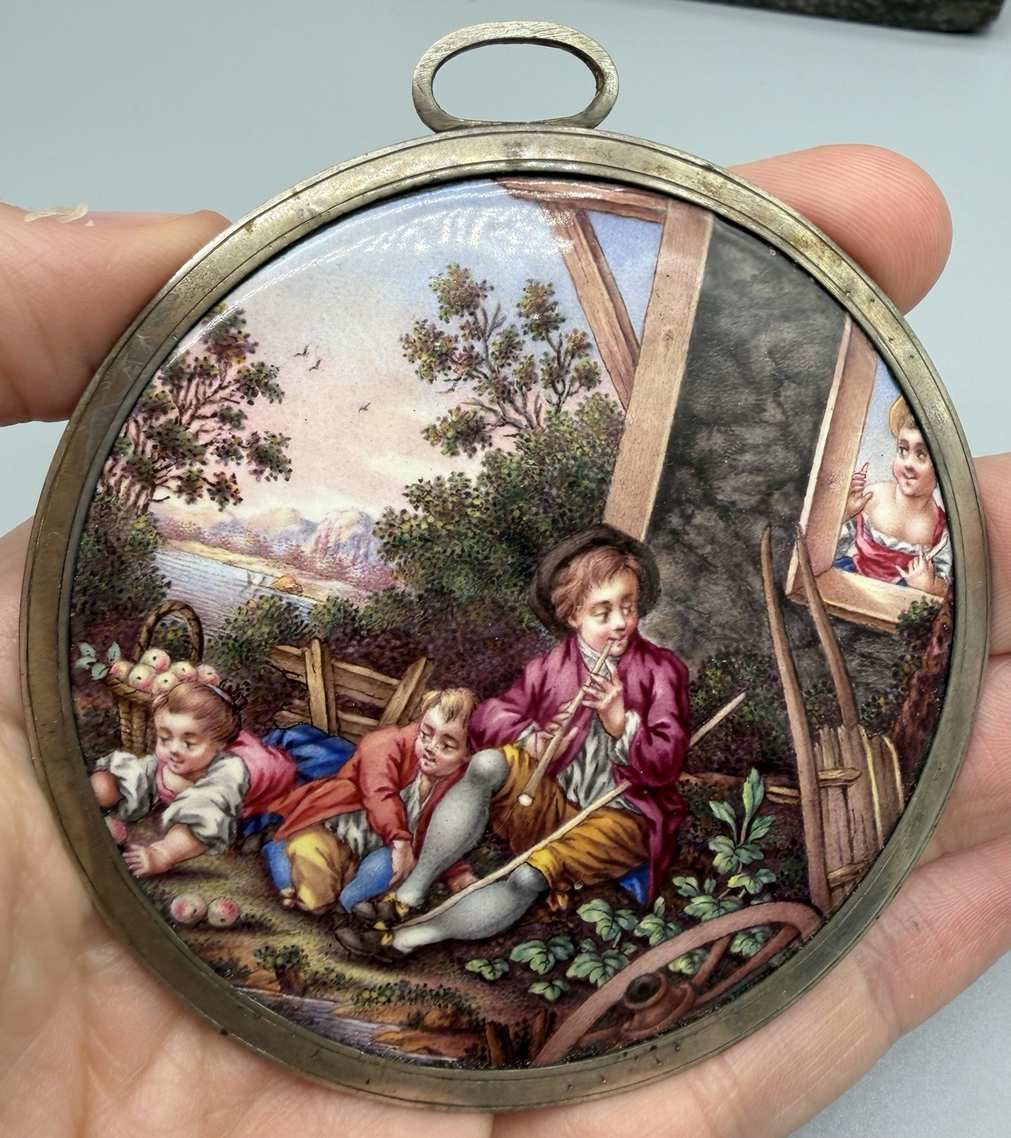 French hand painted enamel miniature painting, ca 18th-early 19th Century