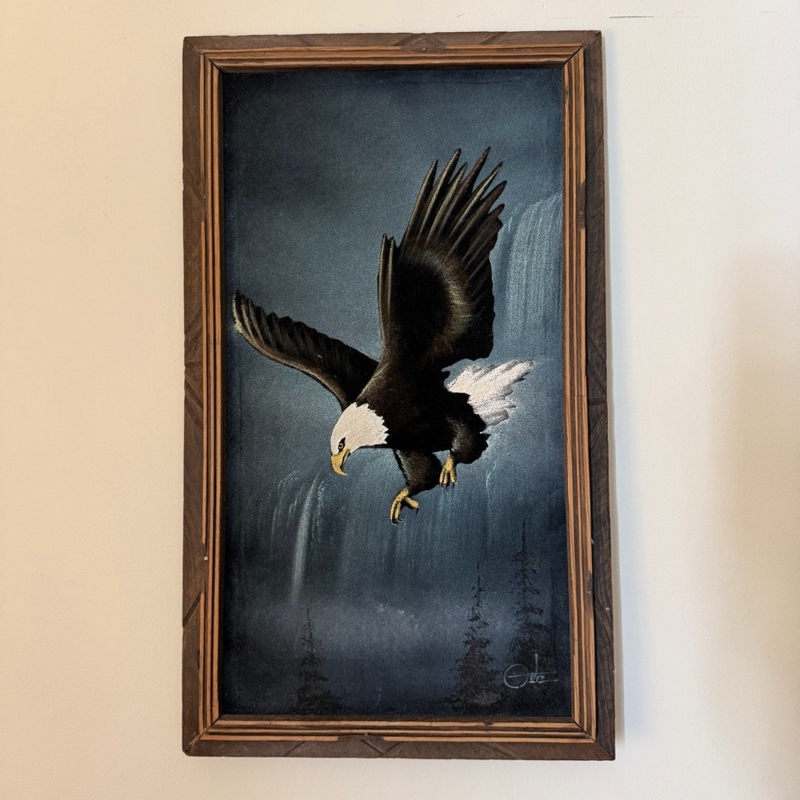 VTG Black Velvet Ortiz Signed American Bald Eagle Painting 13” x 22” 1970s