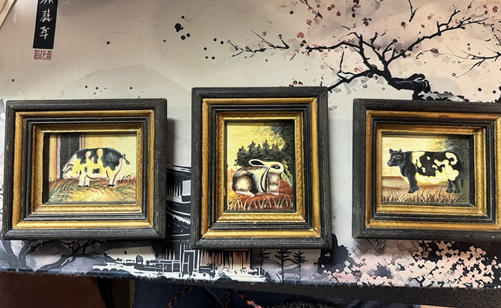 Country Farm Miniature Framed Art Set – Cow, Pig & Rabbit, Folk Art – 6″ x 5″