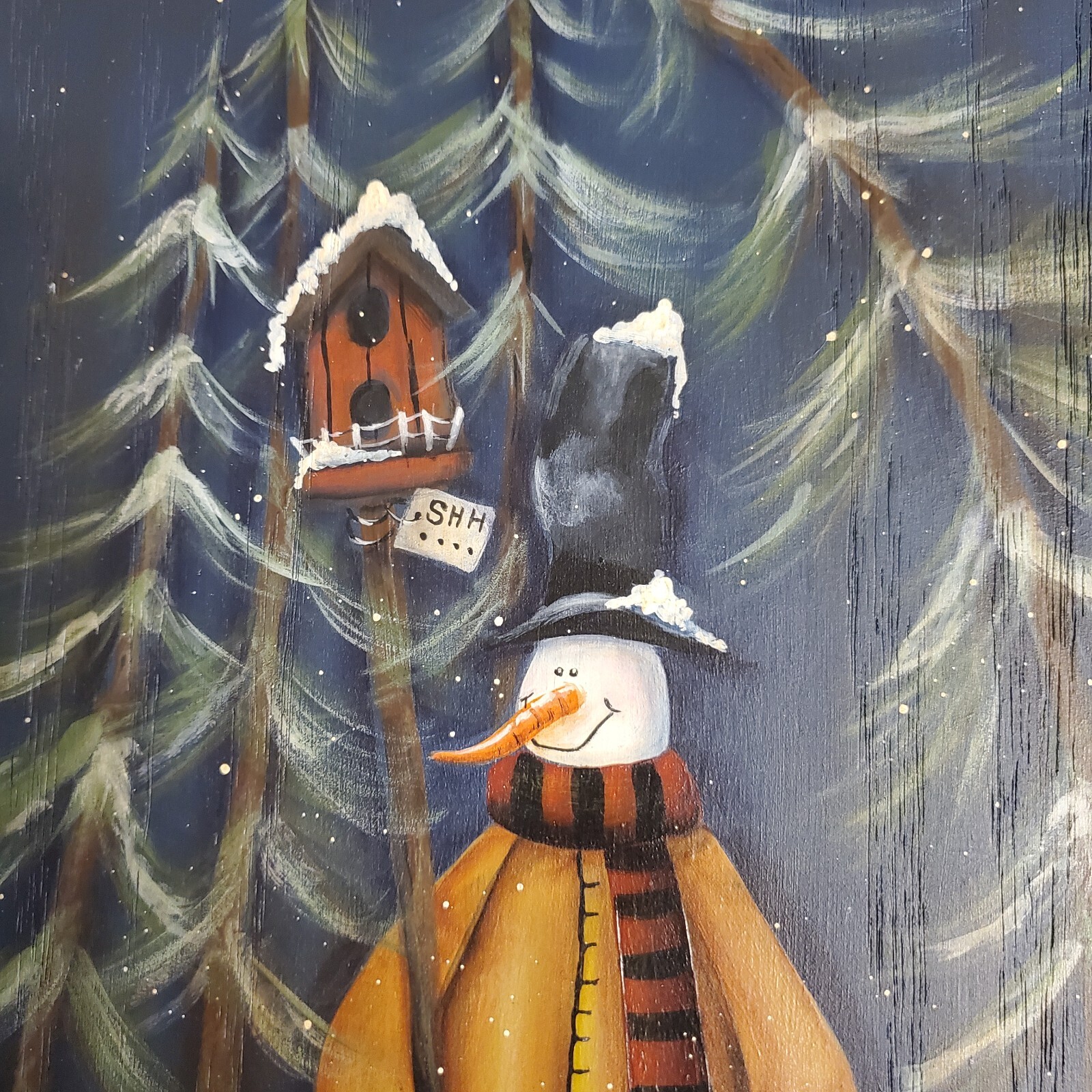 Primitive Style Handpainted Folk Art. Snowman & Dog on Wood. USA PNW