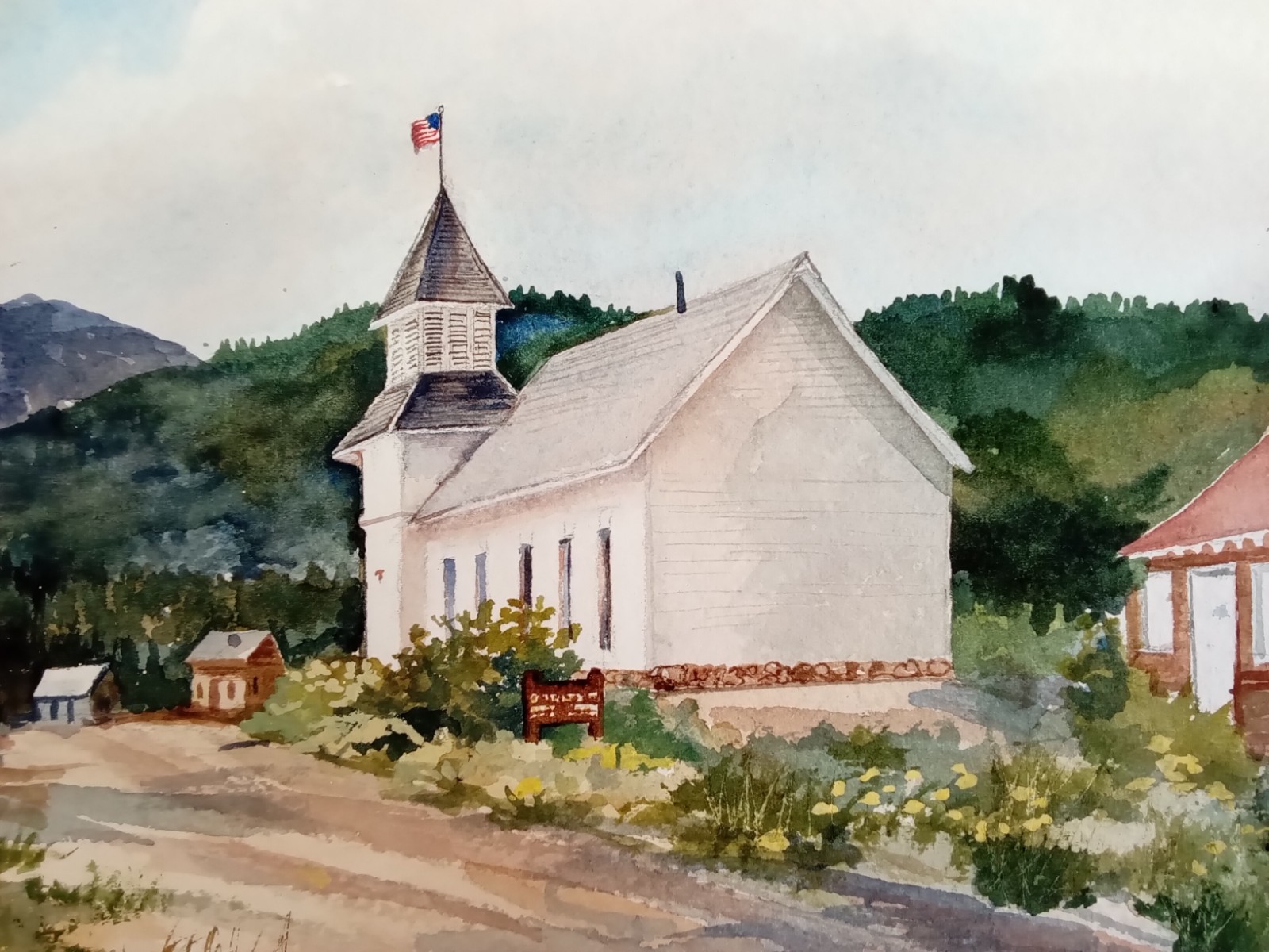 VINTAGE UNKNOWN SIGNED ORIGINAL WATERCOLOR PAINTING WESTERN LANDSCAPE TOWN CITY