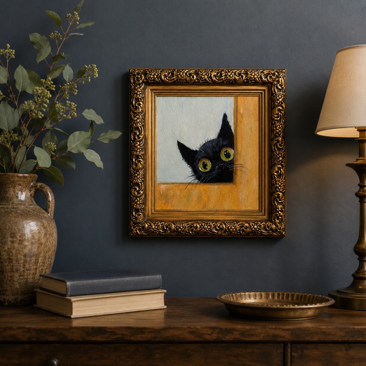 ORIGINAL Oil Painting Black Cat Handmade Miniature Contemporary Wall Art Animals
