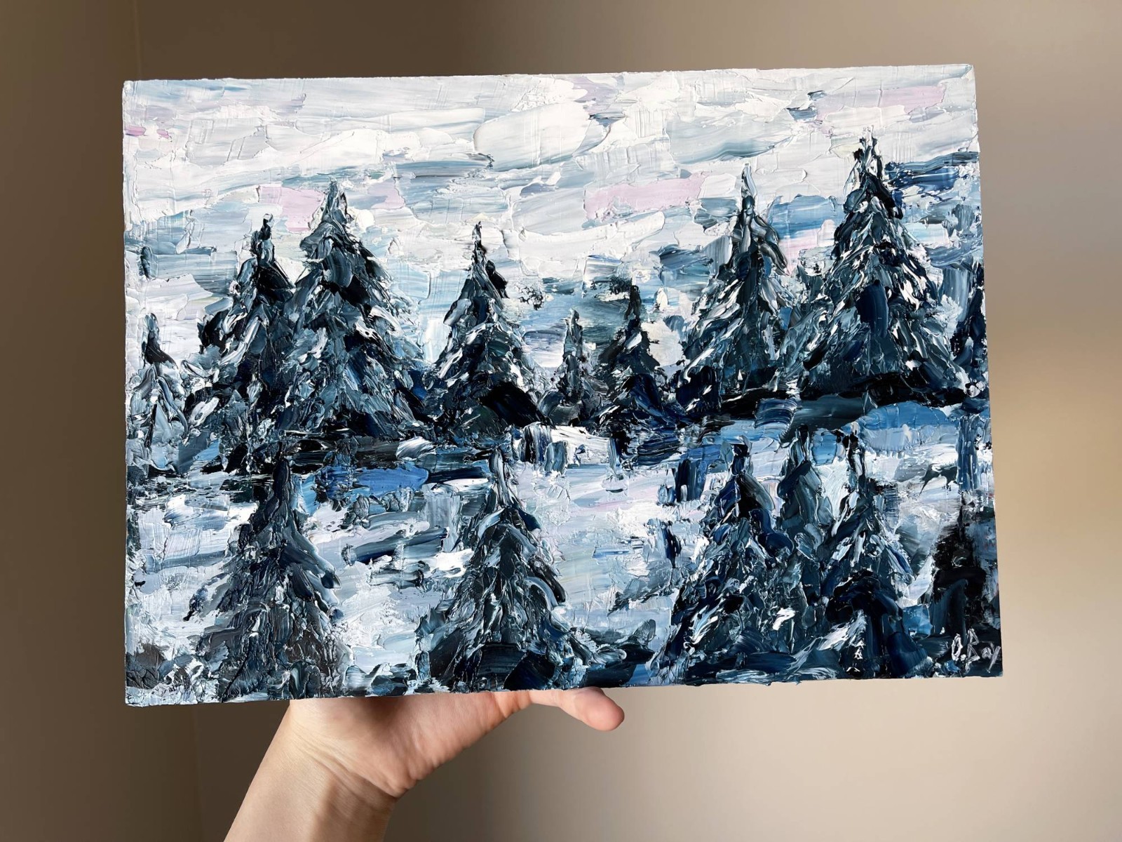 Foggy Mountain Abstract Original Impasto Oil Painting Pine Trees 10×14″ signed