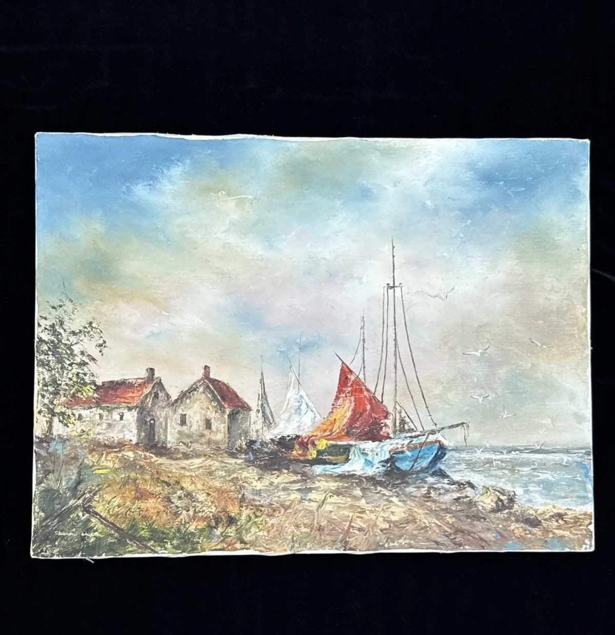 Vintage Coastal Nautical Oil Painting – Harbor Sailboats Signed S. Shannon 24×18